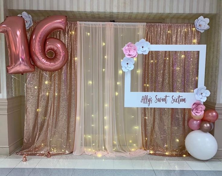 Sweet 16 Party Table Centerpieces, Sweet 16 Picture Display Ideas, Rose Gold And White Sweet 16 Party Ideas, Decoration For 16 Birthday Party, Sweet 16 Arch Ideas, Backdrop For 16 Birthday, Sweet 16 Party Treats, Sweet 16 Glam Party Ideas, Sweet 16 Photo Display Ideas