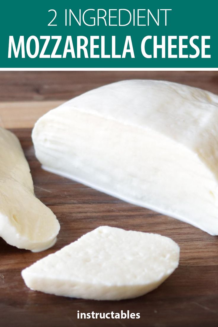 two slices of mozzarella cheese on a cutting board with text overlay reading 2 ingredient mozzarella cheese