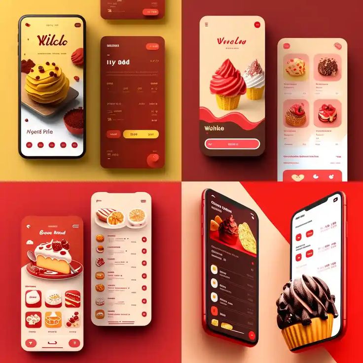 four different mobile phone screens with various desserts on them, all showing the same menu