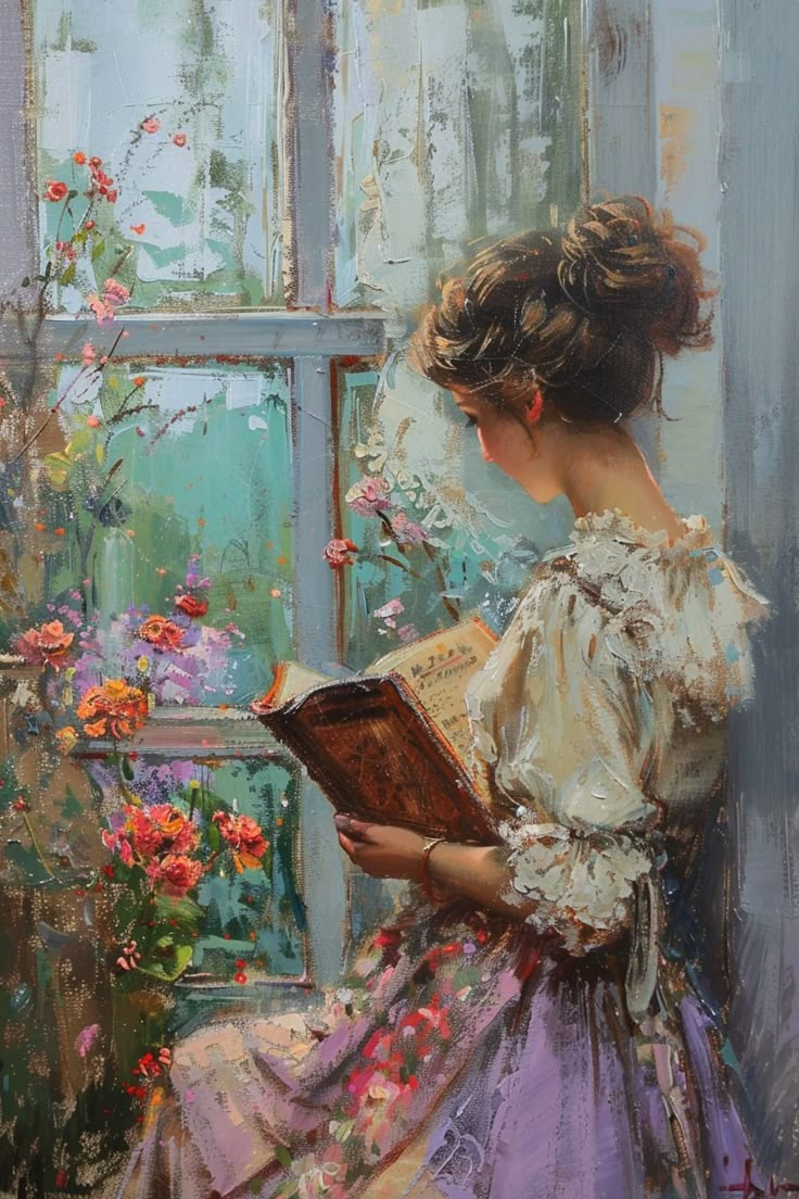 a painting of a woman sitting in front of a window holding a book and looking out the window