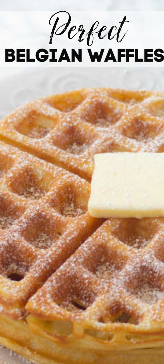 a waffle with butter on top and the words perfect belgan waffles above it