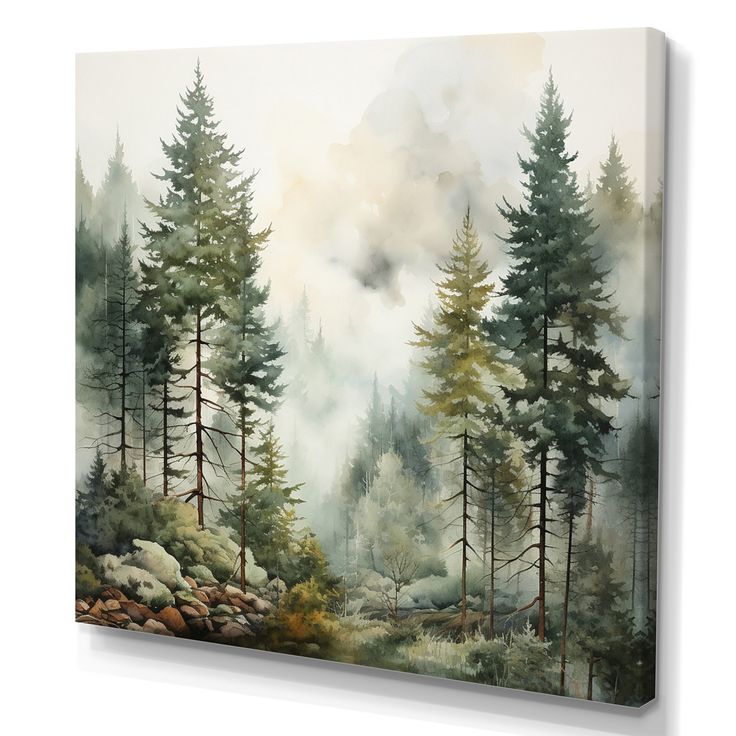 a painting of trees and rocks in the woods