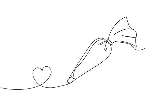 a continuous line drawing of a heart and an umbrella with a bow on the tail