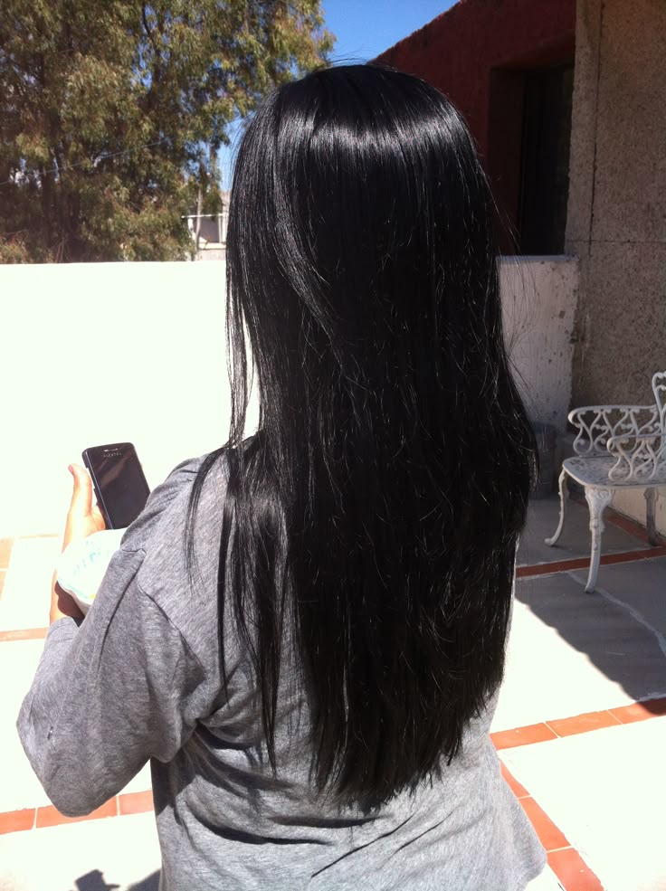 Long Blue Black Hair With Layers, Black Hair On Brunettes, Black Sleek Hair, Very Dark Black Hair, Jet Black Vs Natural Black Hair, Pitch Black Hair Aesthetic, Matte Black Hair Color, Ink Black Hair, Dark Black Hair Medium Length