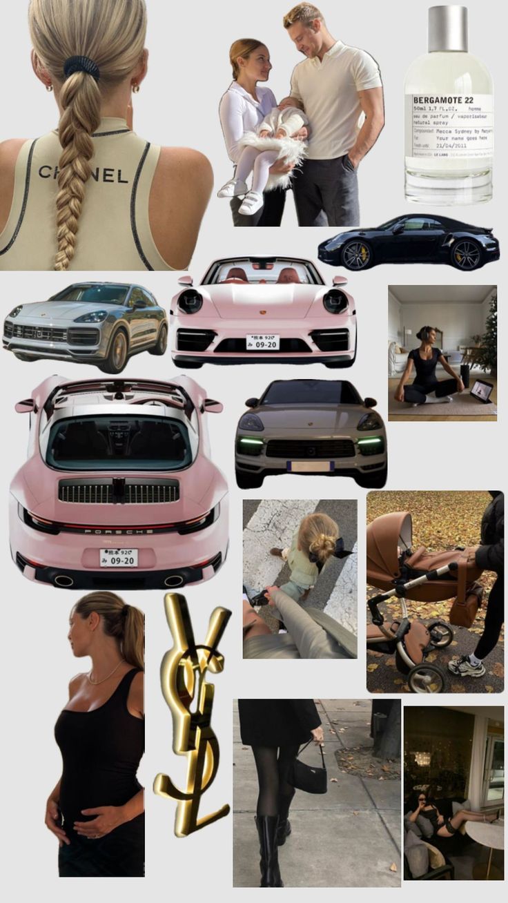 a collage of photos with cars, people and objects in the middle one has a woman's hand on her hip while the other is holding a man's head