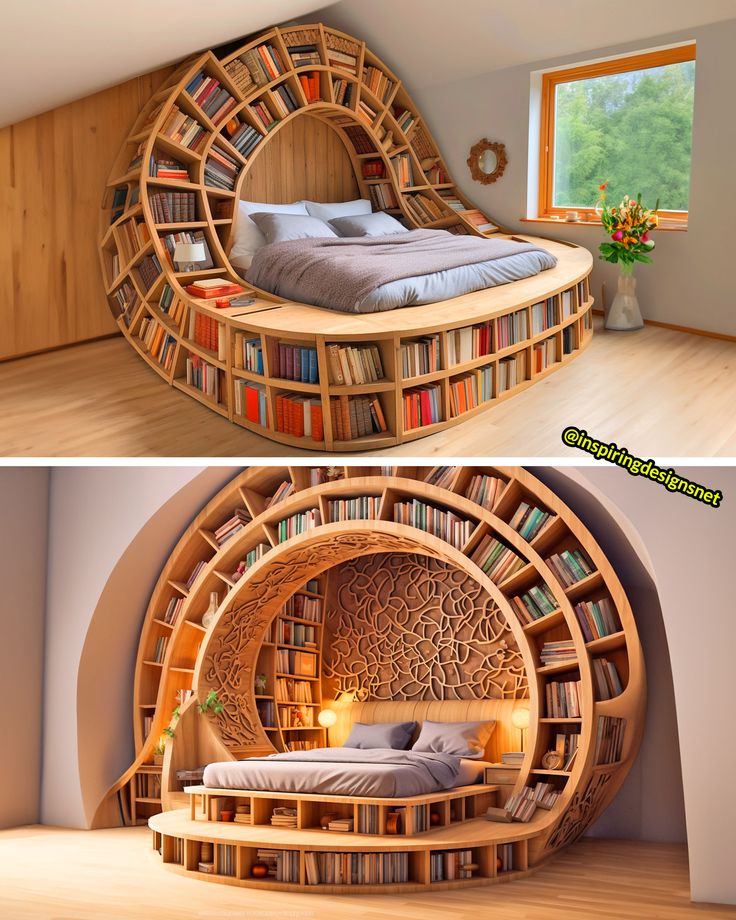 two pictures of a bed made out of bookshelves in the shape of a bookcase