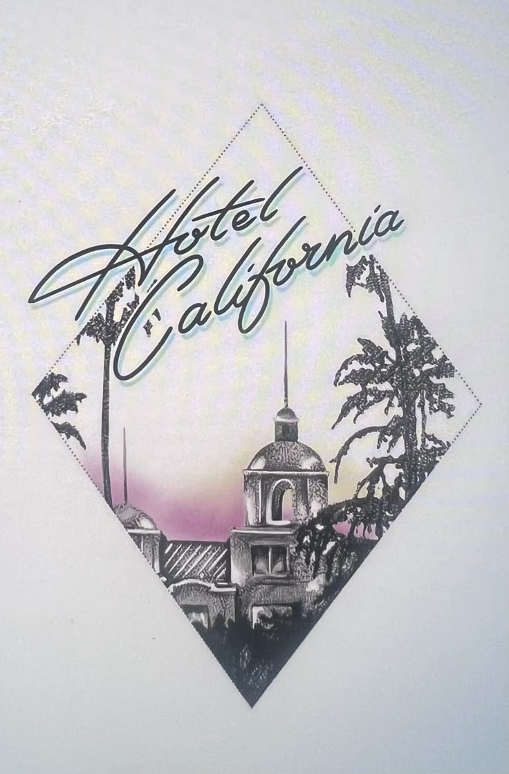 the hotel california logo is shown in black and white, with palm trees behind it