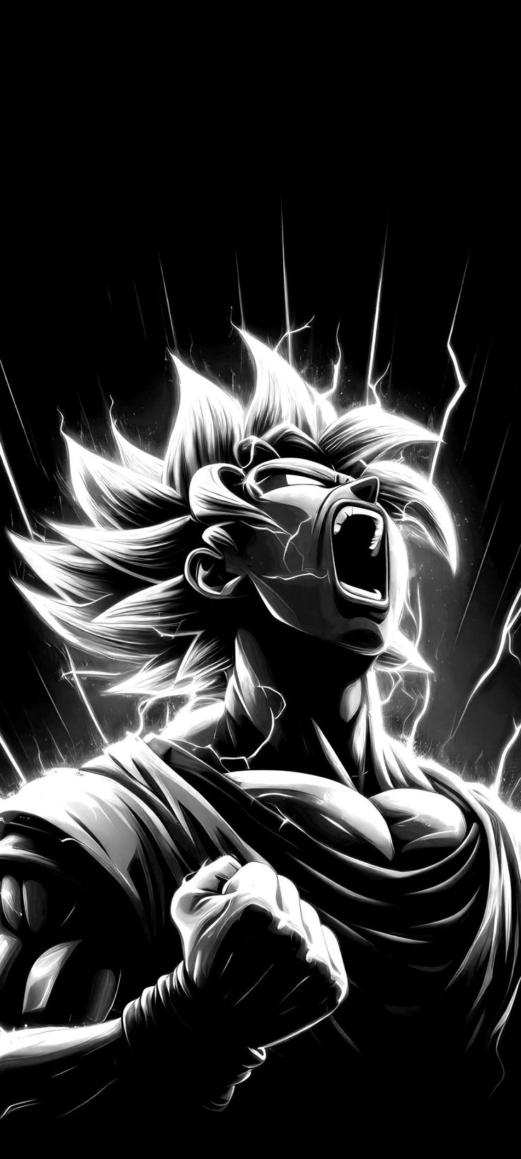 a black and white drawing of a person with lightning in the background