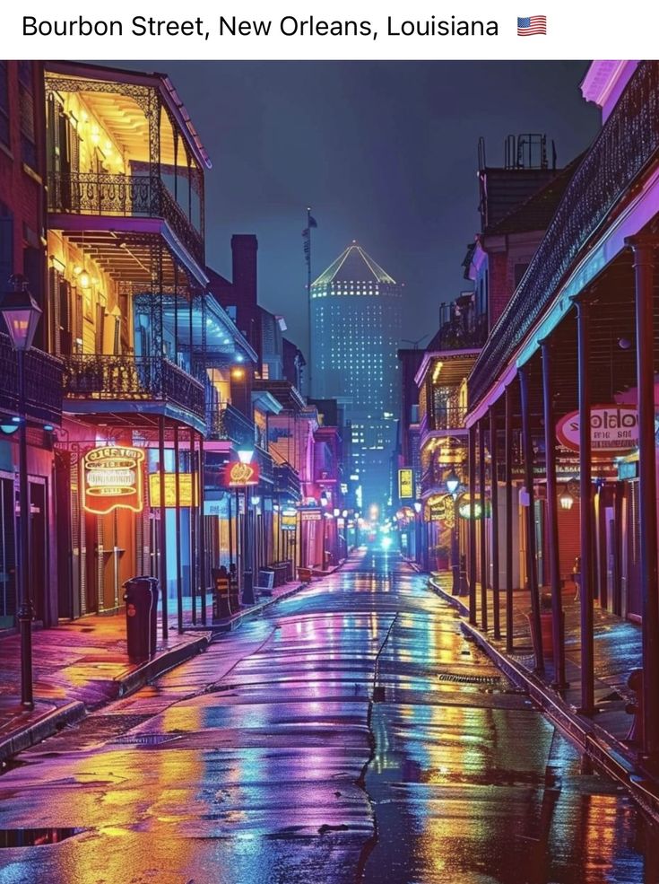 an image of a city street at night with lights reflecting off the wet pavement and buildings