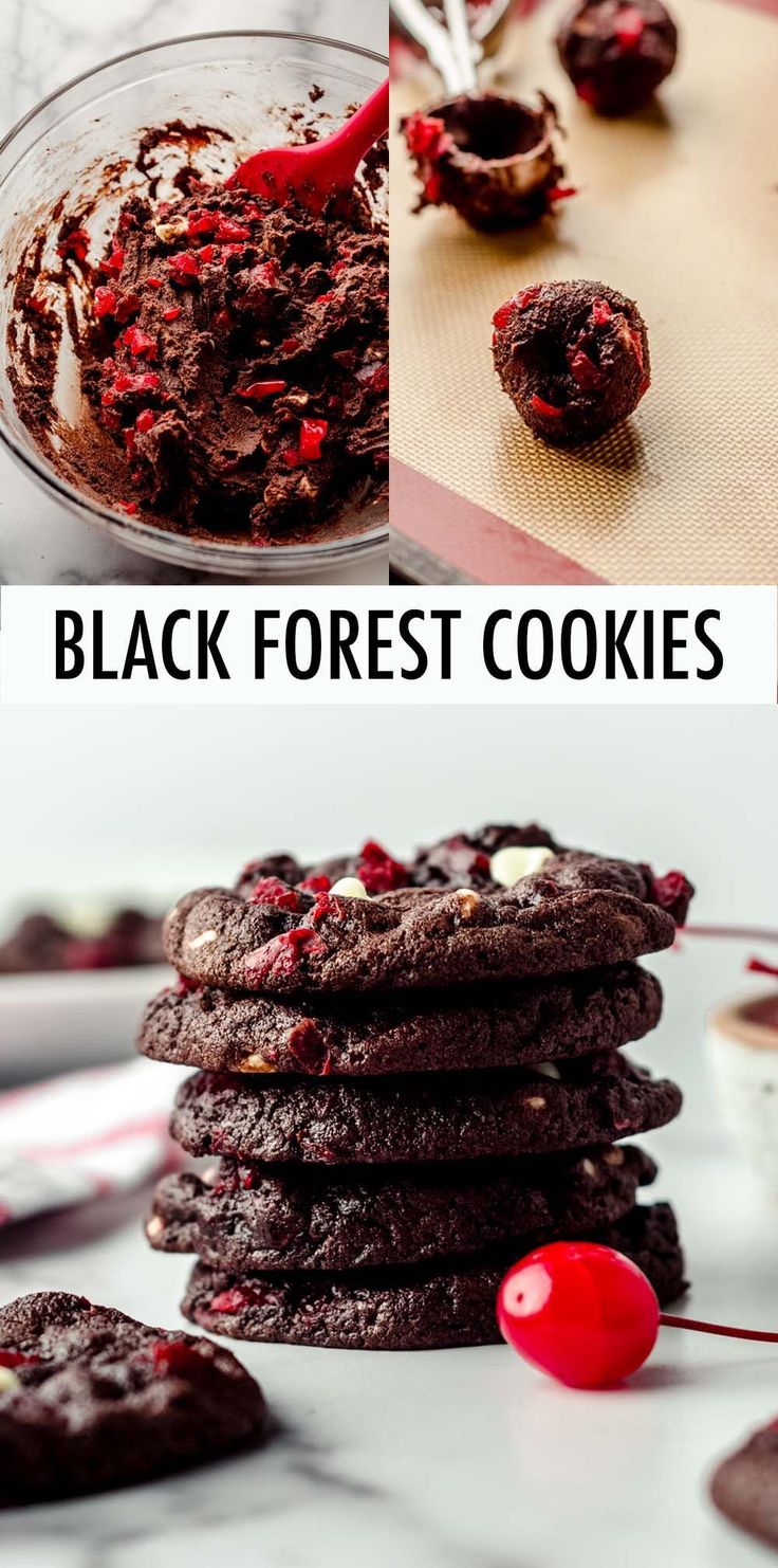 chocolate cookies with cranberry filling and frosting in the middle are on a table