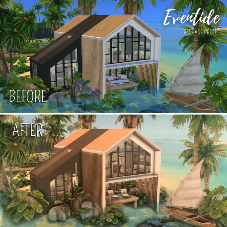 the before and after pictures of a house on the beach, with palm trees in the background