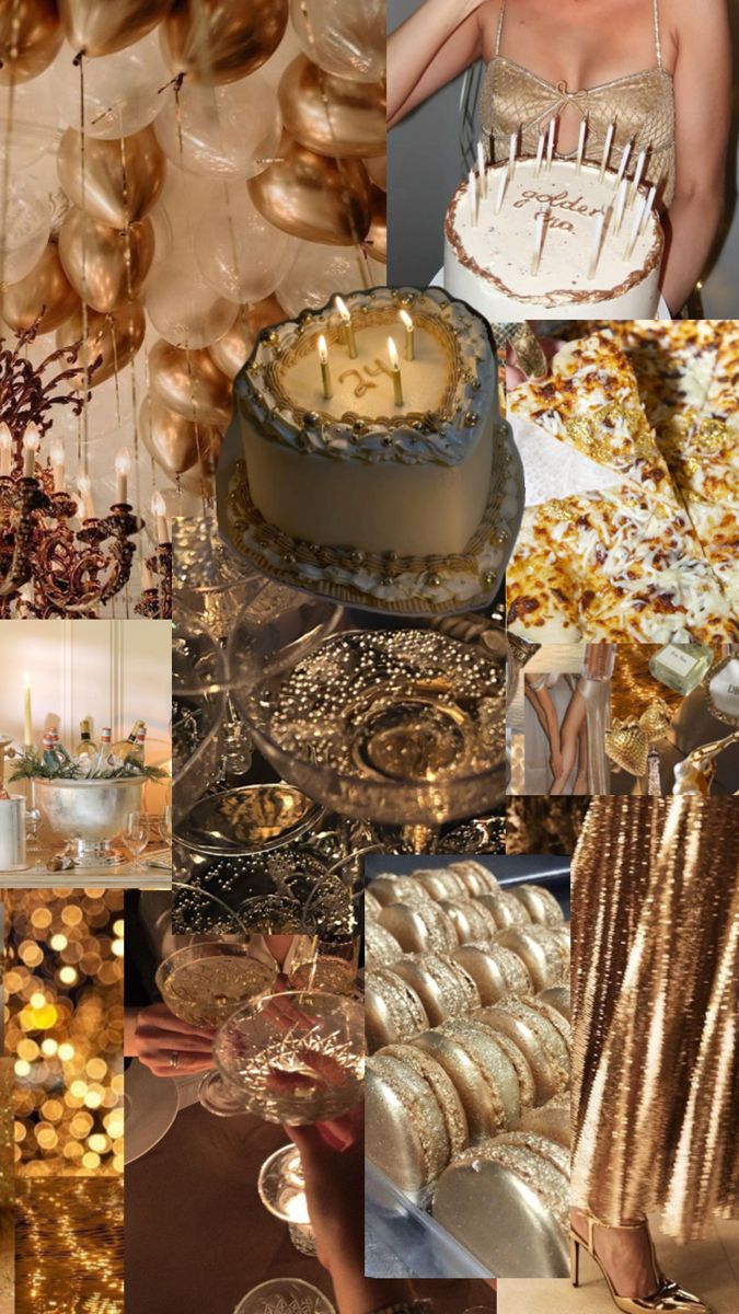 a collage of photos with gold and white decorations, balloons, cake, candles, and other items