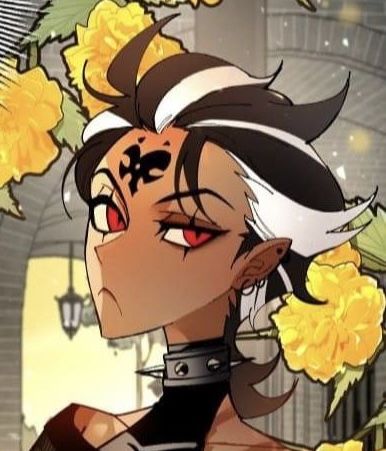 an anime character with black hair and red eyes holding yellow flowers in her hand while looking at the camera