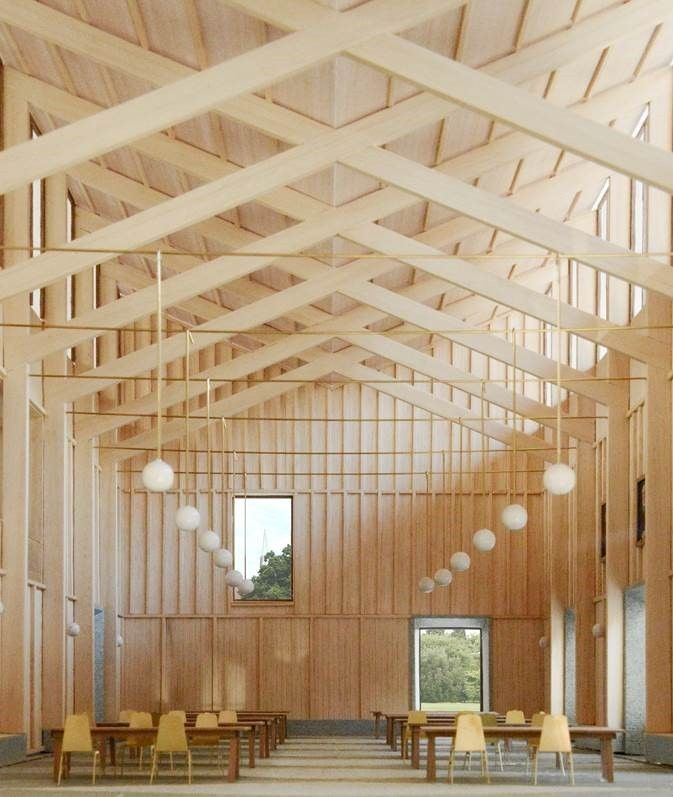 the inside of a large building with tables and chairs in it's center aisle