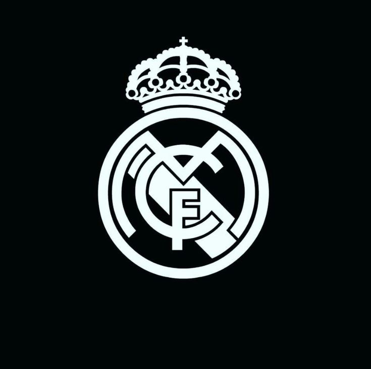 the real madrid logo is shown in white on a black background, with a crown above it