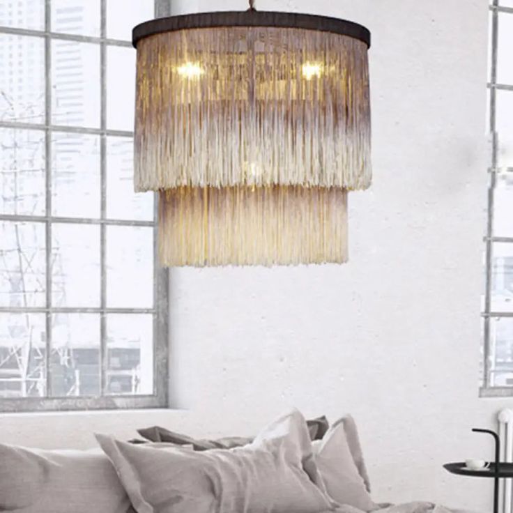 Hemp Fringe Coffee Suspension Light Retro Style Chandelier With 4 Bulbs And Layered Drum Design / 14 Drum Design, Bathroom Chandelier, Room Hanging Lights, Indoor Chandelier, Candelabra Chandeliers, Outdoor Chandeliers, Fabric Canopy, Contemporary Chandelier, Industrial Modern