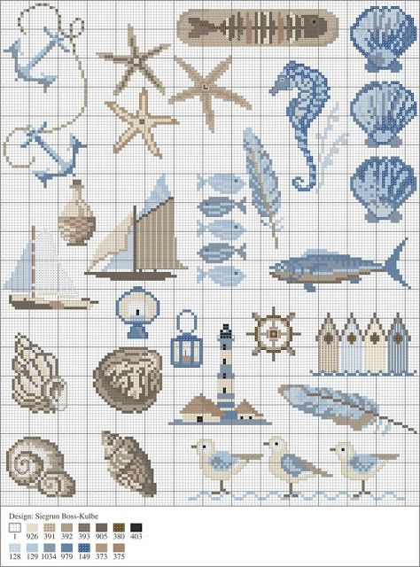 a cross stitch pattern with sea animals and seashells on the bottom half of it