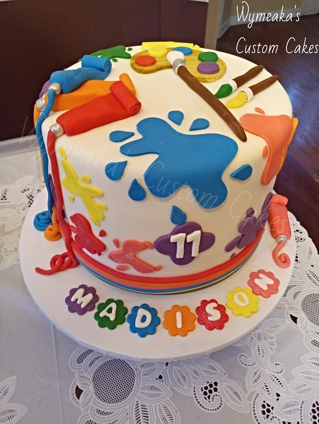 a birthday cake is decorated with colorful fondant