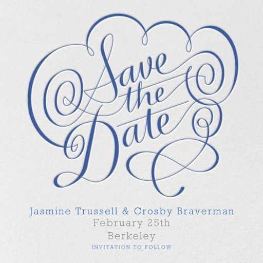 the save the date card is shown with blue ink on white paper, and has an ornate