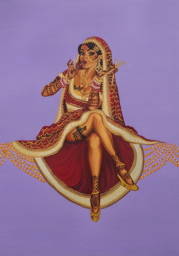 a painting of a woman sitting on top of a purple wall with her legs crossed