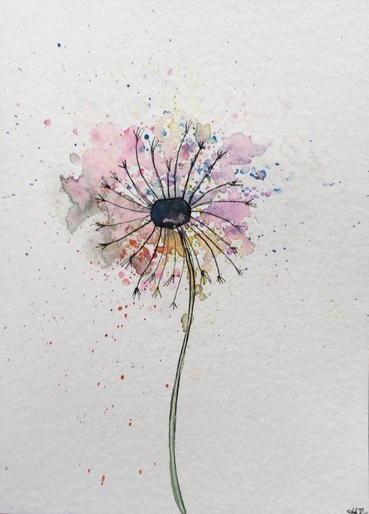 a watercolor painting of a dandelion on white paper with pink and blue flowers