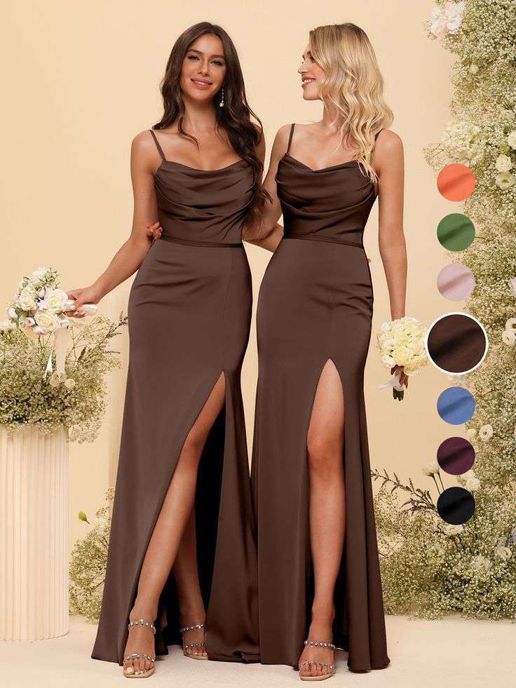 two women standing next to each other wearing brown dresses with thigh high slits and side split