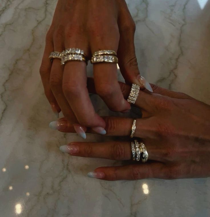 Ring Stack Diamond, Many Rings On Hand, Stacked Rings Silver, Everyday Ring Stack, How To Stack Rings, Silver Rings Stack, Gold Stacked Rings, Ring Stack Silver, Gold Rings With Diamonds