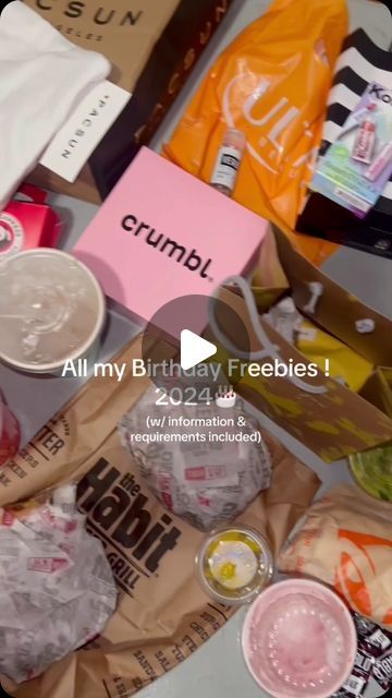 an assortment of food and drinks on top of a table with the caption crumbl all my birthday freebies