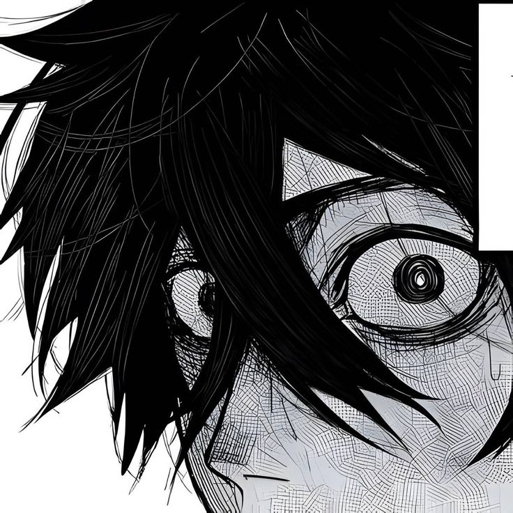 an anime character with black hair and big eyes looking at the camera, while he's staring straight ahead