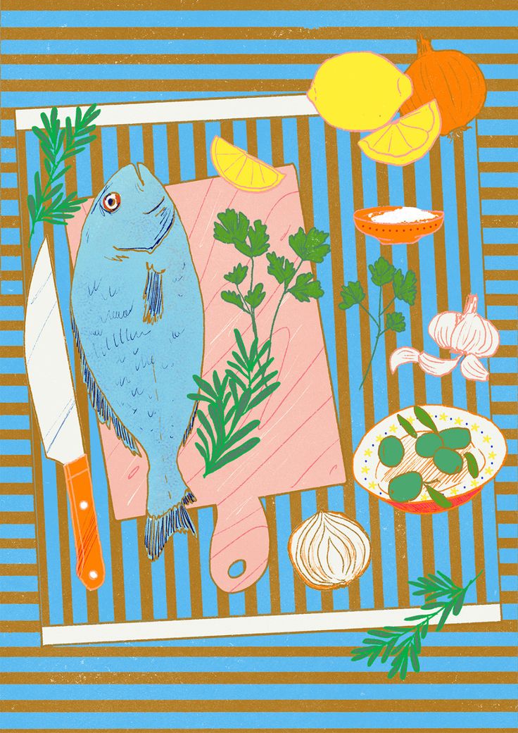 an illustration of fish and vegetables on a striped tablecloth with knifes, lemons, garlic, parsley, carrots