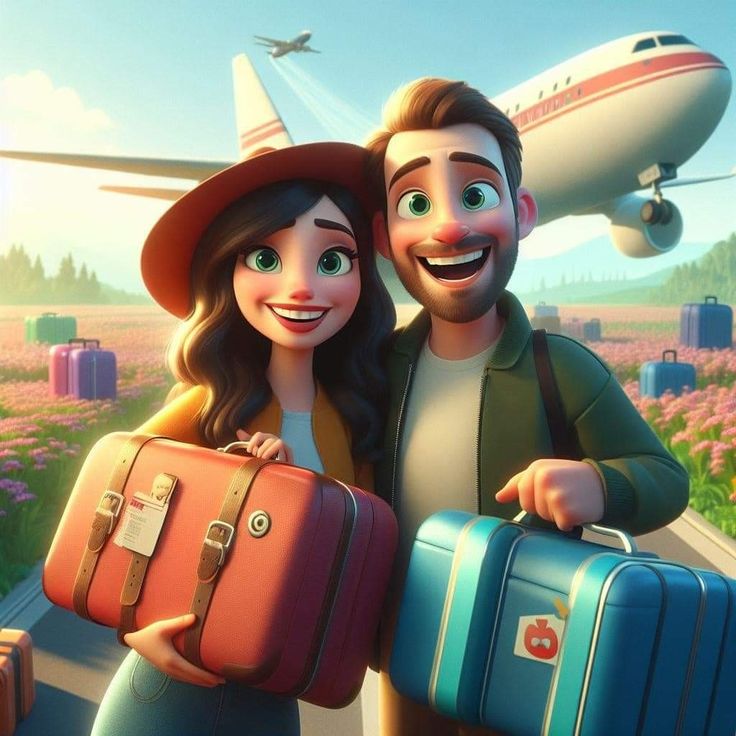 a man and woman are holding suitcases in front of an airplane