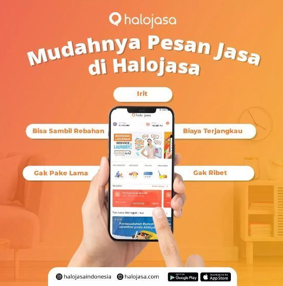 a person holding a cell phone in front of an orange and yellow background with the caption'muadhanya pesan jasa jasa di halaijaa di halojasa '