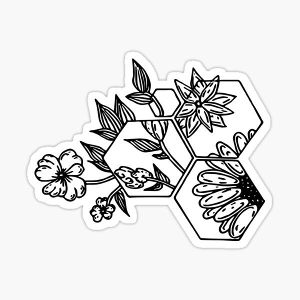 a black and white drawing of flowers on a hexagon sticker with leaves