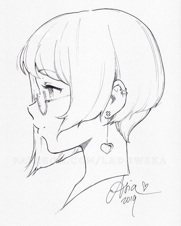 a black and white drawing of a woman's face with earrings on her neck