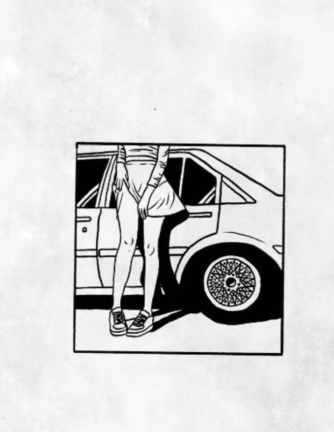 a black and white drawing of a person standing in front of a car