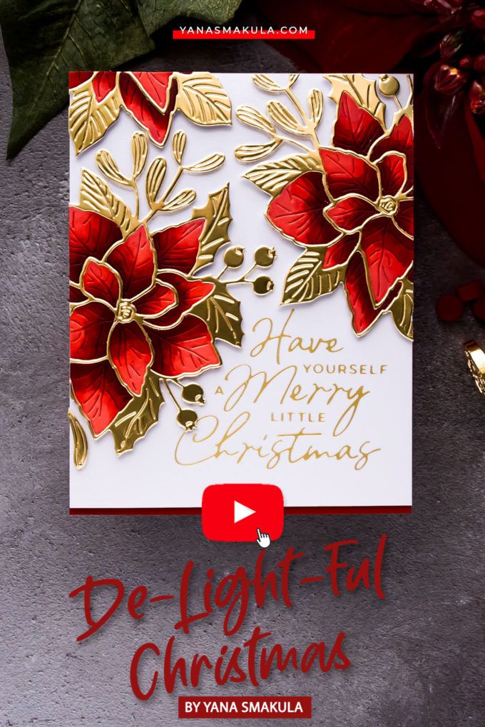 a christmas card with red poinsettis and gold foil on it, surrounded by holly