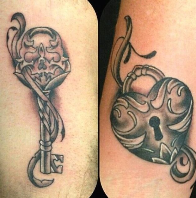 two tattoos on the legs of people that have lock and key tattoo designs on them