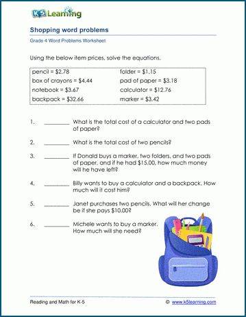 a worksheet with the words shopping word problems and an image of a backpack