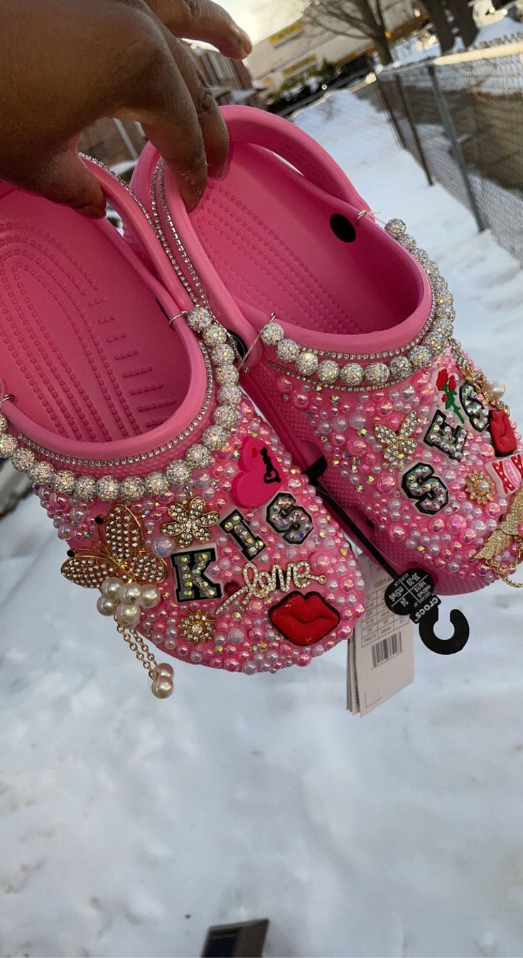 Bling Out Crocs, Blinged Out Crocs, Croc Decor, Croc Decorations, Crocs Aesthetic, Crocs With Charms, Bling Crocs, Girls Clogs, Bedazzled Shoes