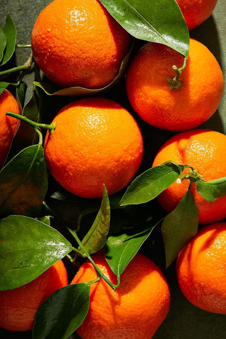 a pile of oranges with green leaves on them