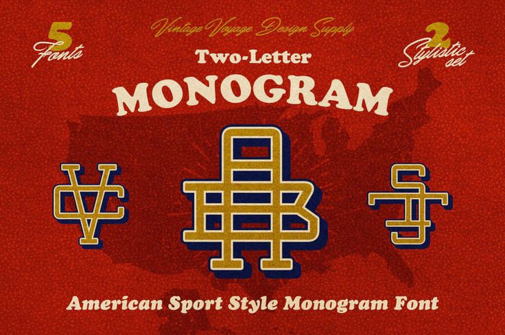 two letter monogram font and numbers on a red background with the american sport style monogram font