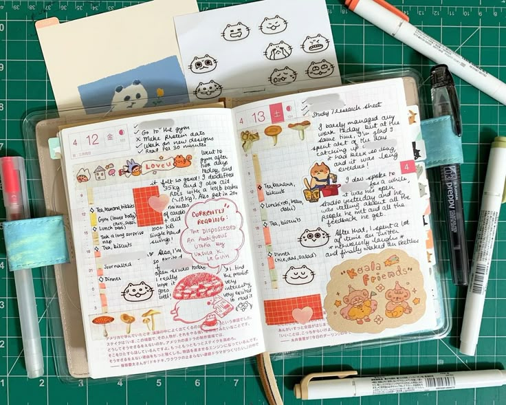 an open notebook with many different things on it