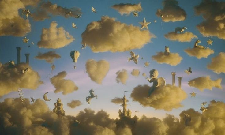 the sky is filled with clouds and birds flying through it, all in different directions