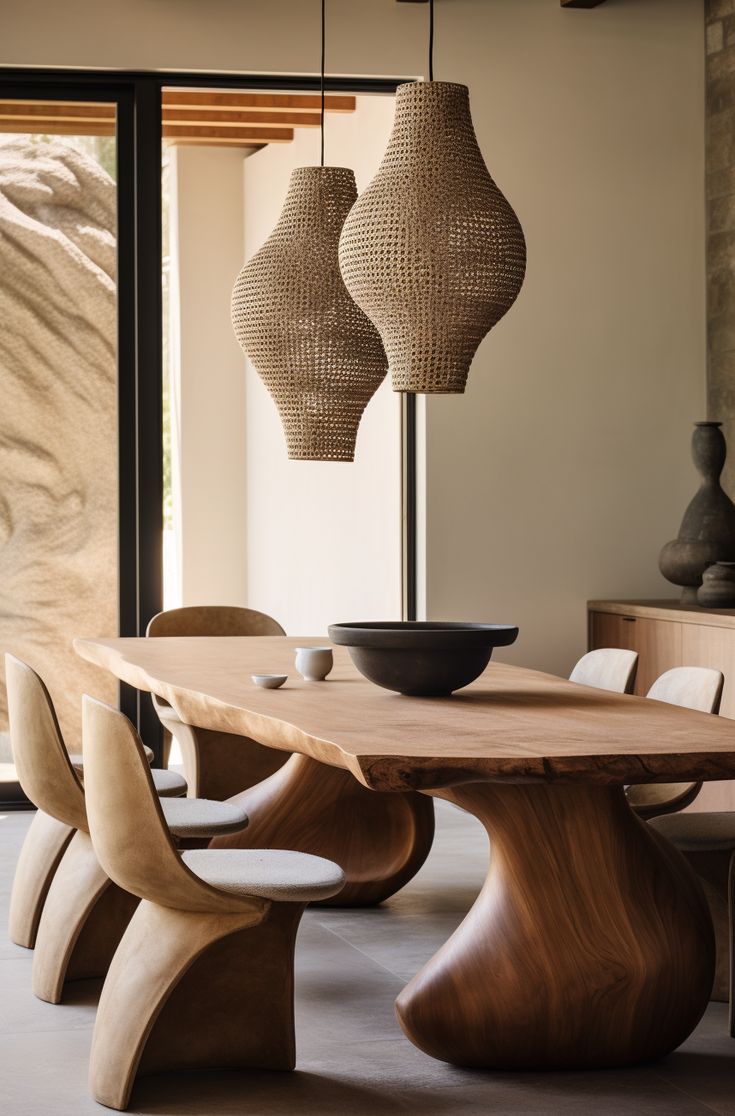 a dining room table with chairs and vases hanging from the ceiling