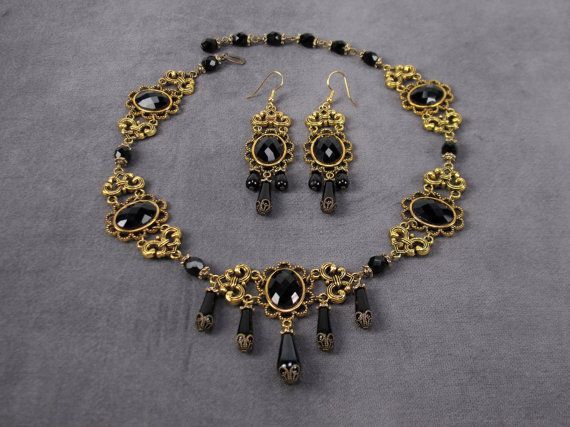 Marquise Xanthe Necklace & Earring Set, antiqued gold, black onyx cabochons, adjustable, Renaissance Ornate Black Metal Necklace, Vintage Black Brass Necklace, Vintage Black Jewelry With Antique Finish, Elegant Black Jewelry With Antique Finish, Antique Black Brass Necklace, Vintage Black Dangle Jewelry, Gold Gothic Wedding Jewelry, Black Victorian Dangle Jewelry, Black Filigree Dangle Jewelry