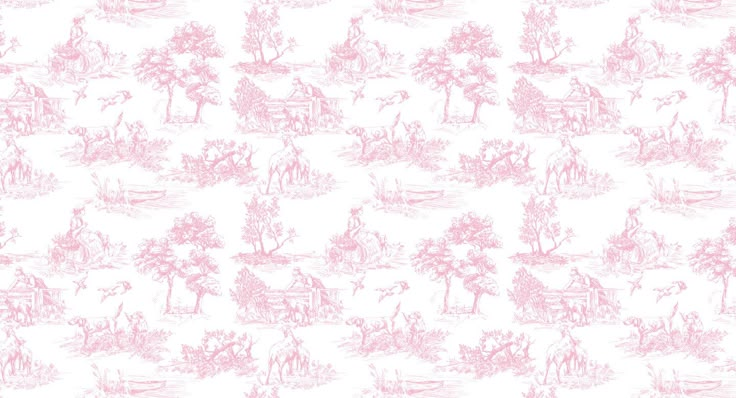 a pink and white wallpaper pattern with trees, animals and people on it's sides