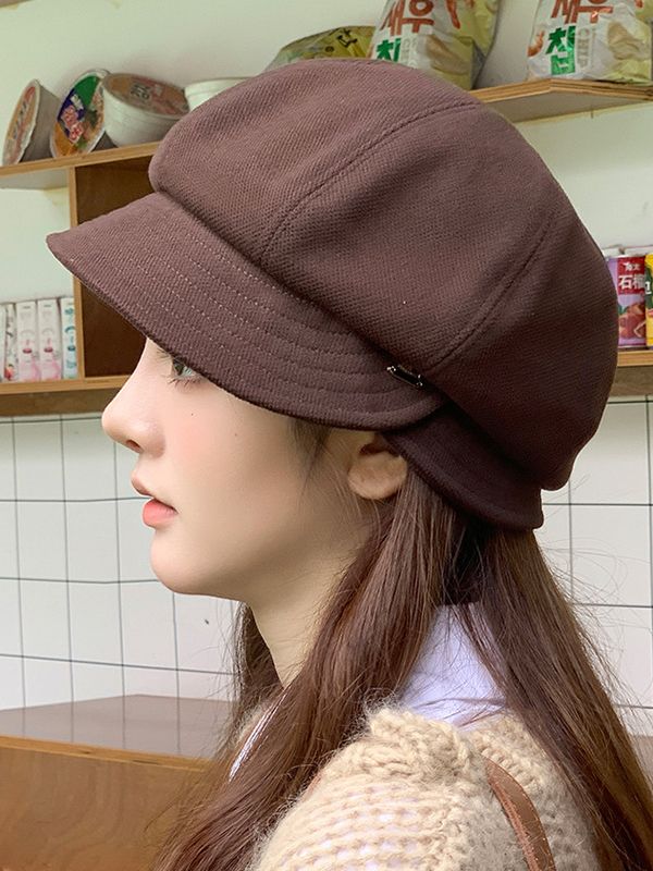 Dome Keep Warm Solid Color Sun-shade Beret Hat Casual Adjustable Beret With Short Brim, Casual Adjustable Solid Color Beret, Casual Visor Beret For Fall, Casual Adjustable Beret, Trendy Visor Beret For Fall, Casual Adjustable Visor Beret, Spring Visor Beret With Adjustable Fit, Casual Brown Brimmed Beret, Casual Winter Beret With Visor