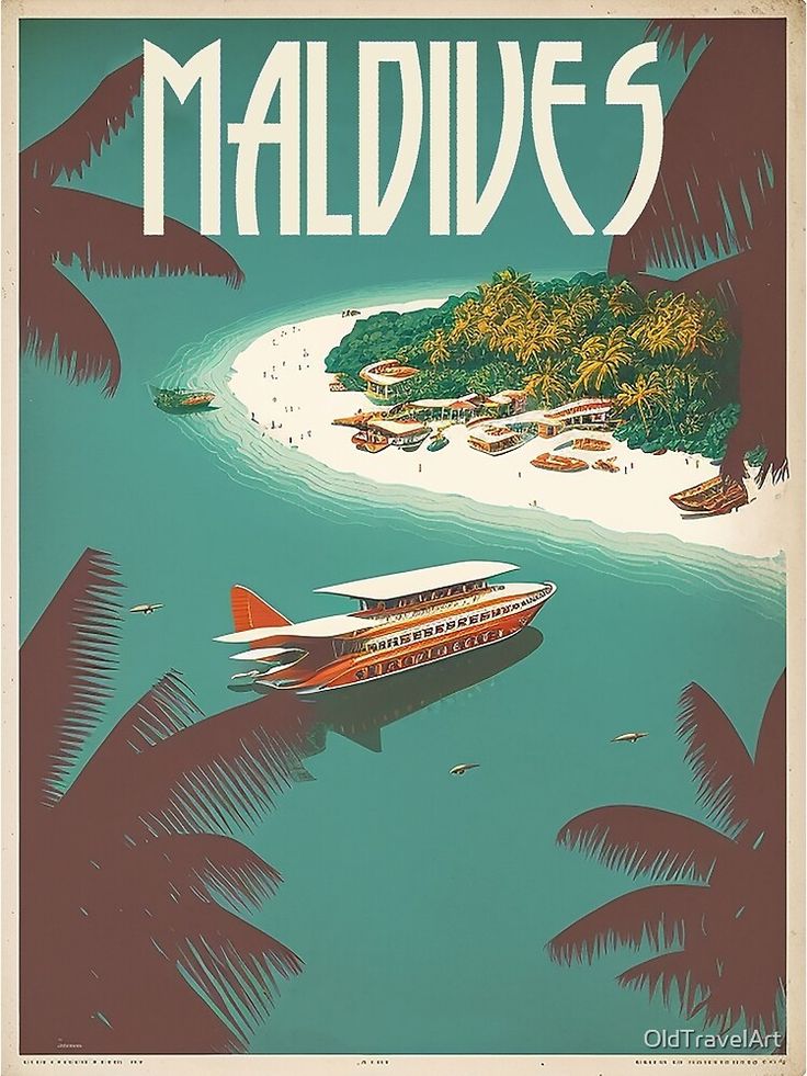 an old style poster shows a boat on the water near a tropical island with palm trees