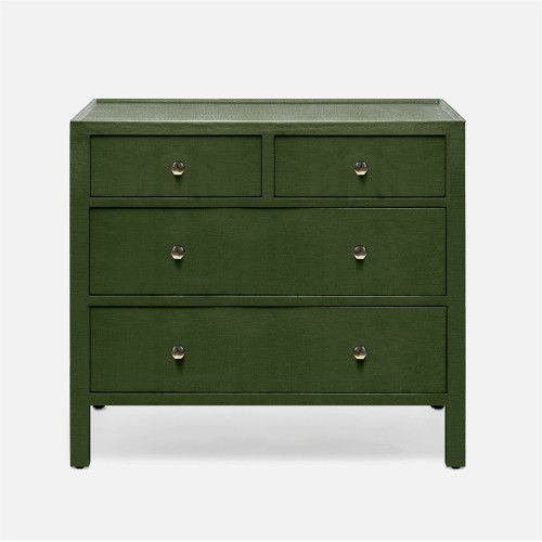 a green dresser with three drawers and two knobs on the bottom, in front of a white background