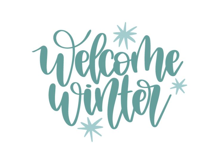 the words welcome winter written in blue ink on a white background with snowflakes